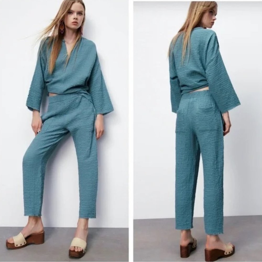 Zara Teal Textured High-Waist Pants